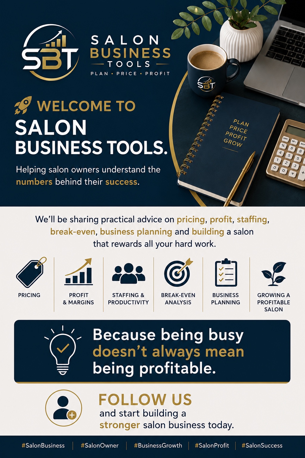 Salon Business Tools workspace showing a notebook, calculator and laptop